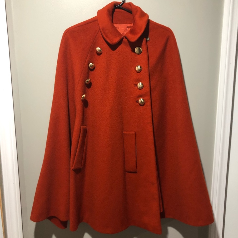 Vintage Orange Wool Cape with Brass Buttons